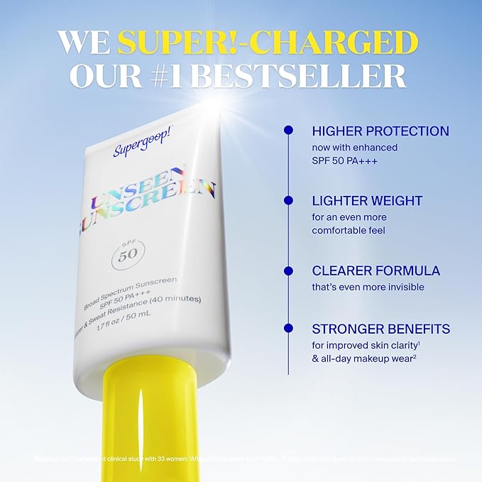 Supergoop! Unseen Clear Face Sunscreen - SPF 50 - Invisible + Broad Spectrum + Makeup-Gripping Primer - Weightless, Scentless, Oil Free - For All Skin Types & Tones - 0.68 fl oz