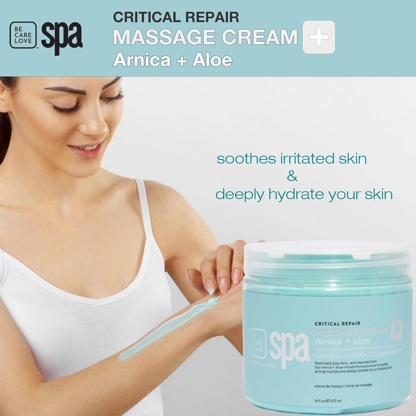 Be Care Love Spa Critical Repair Massage Cream with Organic Arnica and Organic Aloe Natural Vegan Clean Beauty Made in USA 16 fl oz