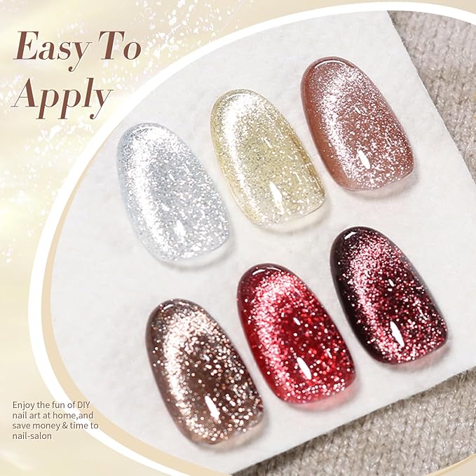 Born Pretty Cat Magnetic Eye Gel Nail Polish Reflective Glitter Gel Polish Red Silver Champagne Gold Glitter Gel Nail Polish 6PCS Set