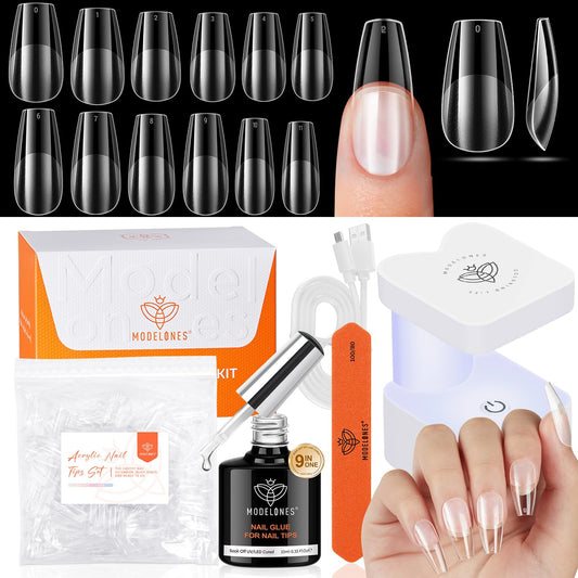 modelones Medium Coffin Gel Nail Tips Kit, 9-in-One Nail Glue with Portable U V Lamp 216Pcs 12Sizes Pre-Etched Press ons Fake Acrylic Extension Kit DIY Salon Gift for Women