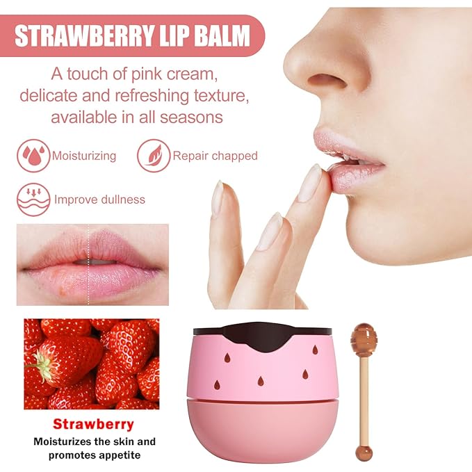 3Pcs Lip Balm Honey Pot, Lip Mask Overnight Lip Balm Hydrating Prevention Dry and Crack Lip Scrubs Exfoliator Lip Wrinkle Care, Beeswax with Vitamin E (3Pcs Honey&Strawberry&Watermelon)