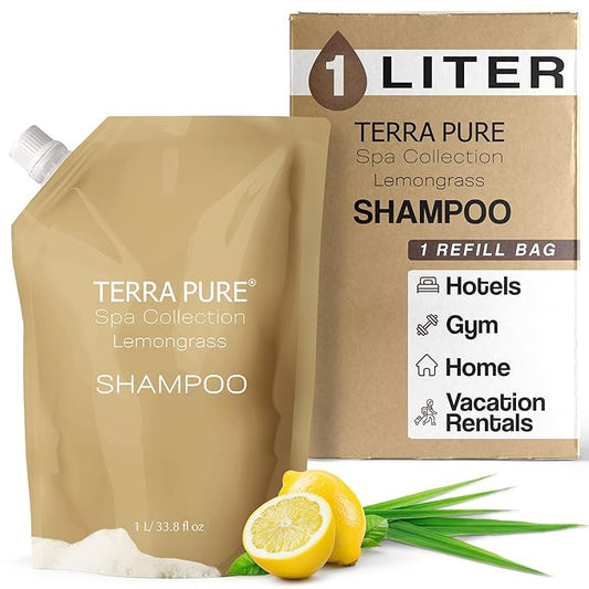 Terra Pure Spa Collection 1 Liter Shampoo Refill Bag For Soap Dispensers | Bulk Toiletries for Vacation Rentals, and Home Bathroom Showers | Green Tea Lemongrass | Single