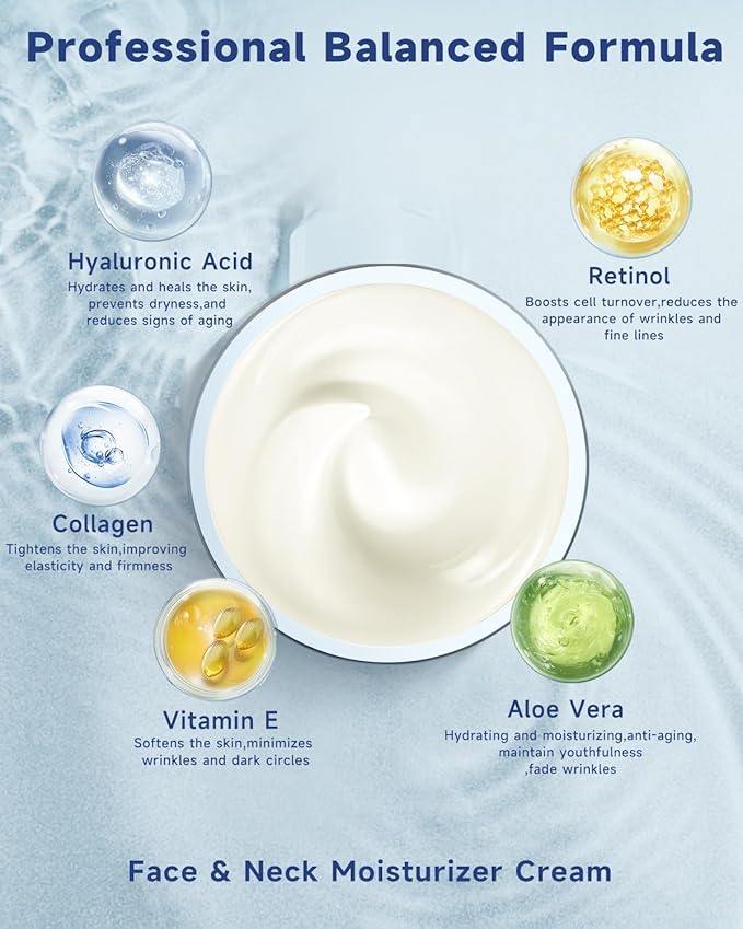 Retinol Cream for Face, Collagen Neck Creams for Tightening and Firming, Anti Aging Day & Night Facial Moisturizer for Women & Men, Instant Face Lift Wrinkle Cream 3.4 fl. oz.