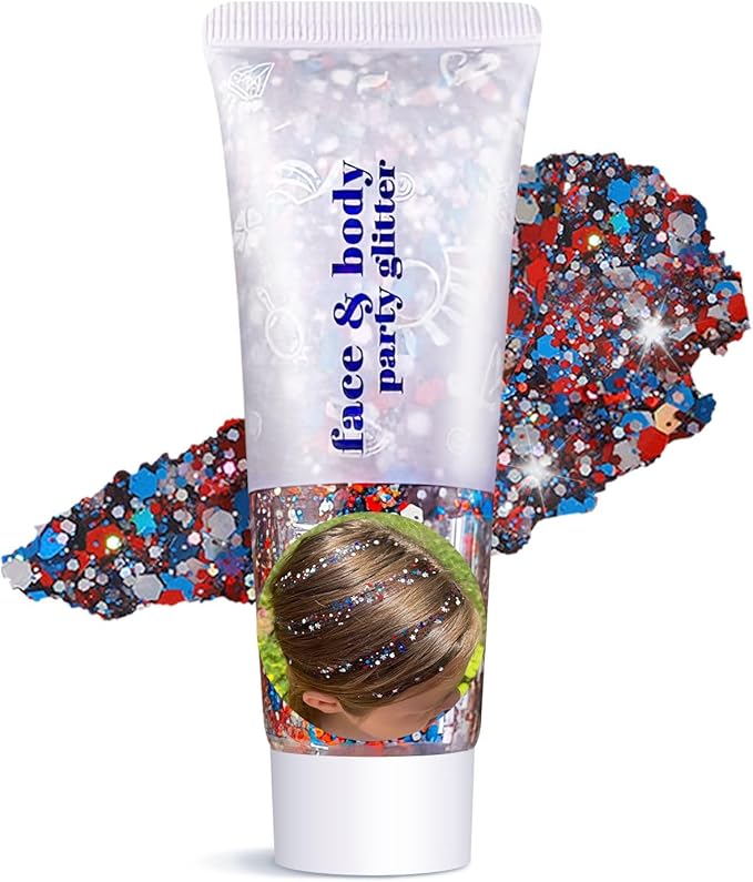 Body Glitter Gel - Halloween Costumes for Women, Sparkly Chunky Glitter Hair for Kids, Halloween Christmas Singer Concert Festival Rave Accessories (Fourth of July Body Glitter)