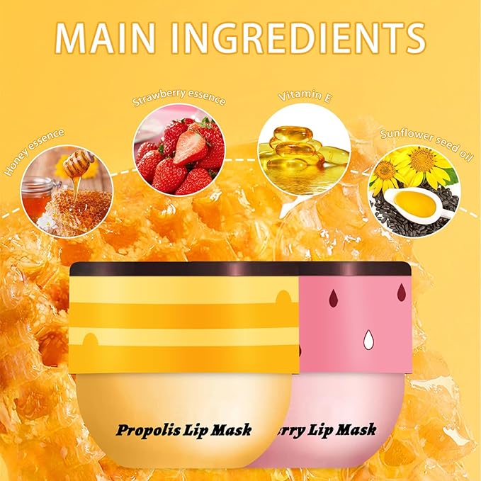 2 Pcs Bee Lip Balm Honey Pot, Lip Mask Overnight Honey Lip Balm Lip Exfoliate with Stick, Moisturizing Sleeping Lip Mask Day & Night Lip Care - Hydrate Repair Prevent Dry Cracked Scrub (2 Honey)