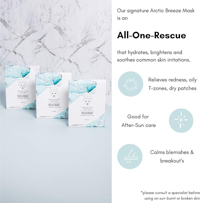 Snow Fox Arctic Breeze Rescue Sheet Mask with Peppermint & Aloe Vera – Cooling Face Mask to Calm & Revitalize Skin and Refresh after Travel – Hydrating Facial Skin Care for all Types – 5 Pack