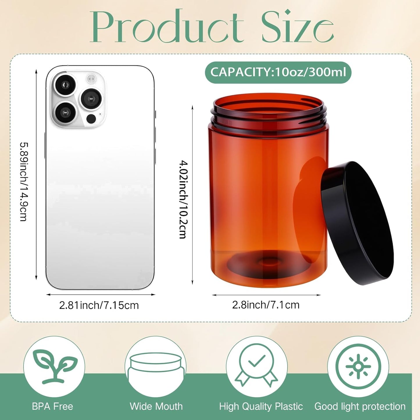 SATINIOR 100 Pcs Plastic Jars with Lids Small Containers Lids Wide Mouth Small Plastic Containers for Lotion Cream Rhinestones Body Butters Travel Storage(10 oz, Amber)