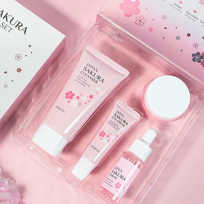 Skin Care Set - Sakura Skin Care Sets & Kits - Women Gift Sets with Cleanser,Serum,Eye Cream,essence Cream - Beauty Products For Women - Skin Care Routine Travel Kit (SetB)