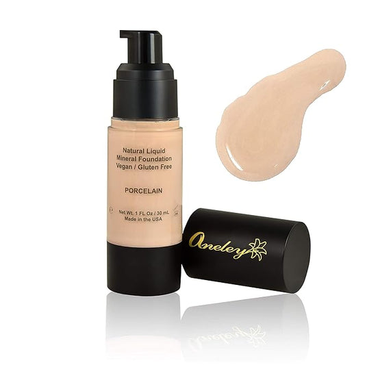 liquid mineral foundation organic natural vegan cruelty free chemical free full coverage aloe base highly pigmented lightweight formula acts as a moisturizer, sunblock and skin care (Porcelain)