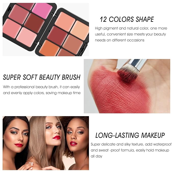 12 Colors Cream [Blush] Makeup Palette for Cheeks - Multi-functional Blush Makeup Palette with Brush, Natural Matte Long Wearing, Waterproof Blendable Face Makeup Palette (#01)
