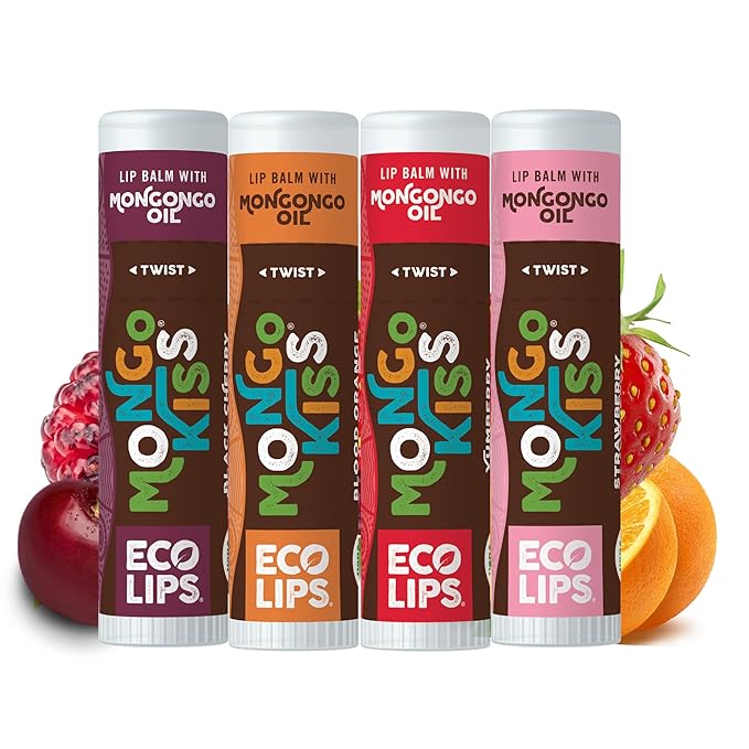Eco Lips Mongo Kiss Organic Lip Balm 4 Pack Blood Orange, Yumberry, Strawberry Lavender, Black Cherry - 100 Percent USDA Organic - Soothe, Moisturize Dry