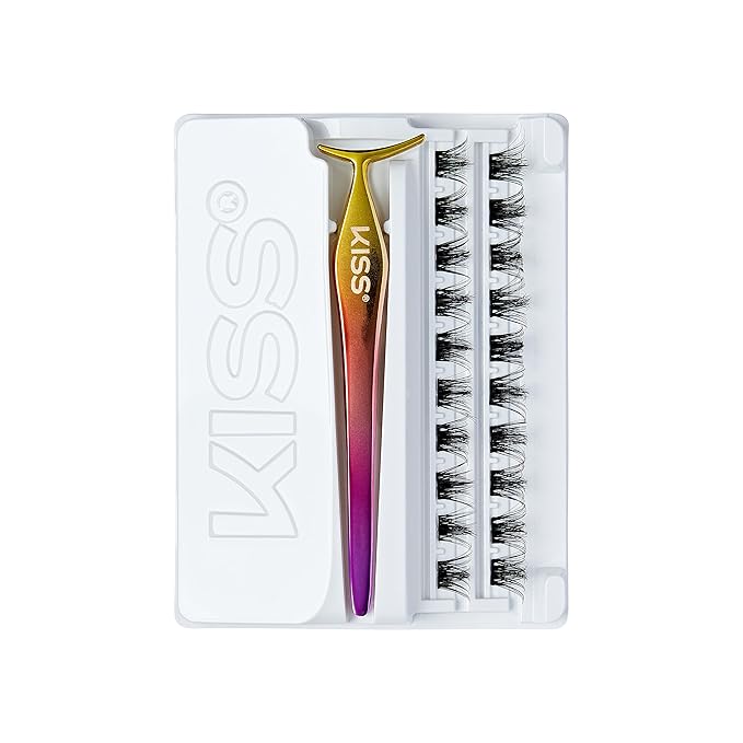 KISS imPRESS Falsies Press On Self Adhesive Eyelashes, 12mm-14mm Glam Volume Press On Lashes, Black, No Glue Needed, Invisible Band, 20 Lash Clusters & Non-Stick Applicator - Spiky