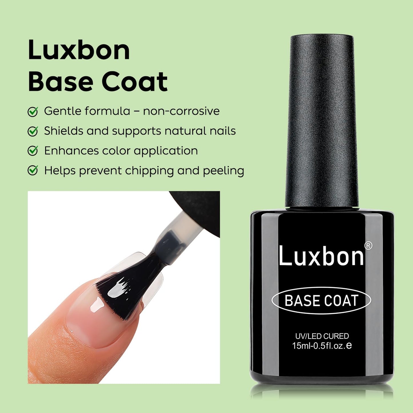 Luxbon 4 Pcs 15ml No Wipe Gel Top Coat and Base Coat Nail Primer Dehydrator Set - Long Lasting, Shine Finish, UV LED Nail Lamp Soak Off Gel Base Top Coat Manicure