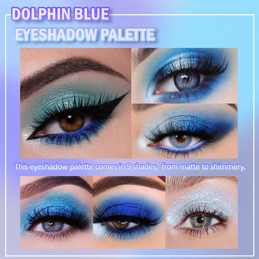 9 Colors Blue Smoky Matte Shimmer Eyeshadow Palette with Mirror for Eye Makeup,High Pigmented Eye Shadow Primers Powder Palet de sombras de ojos