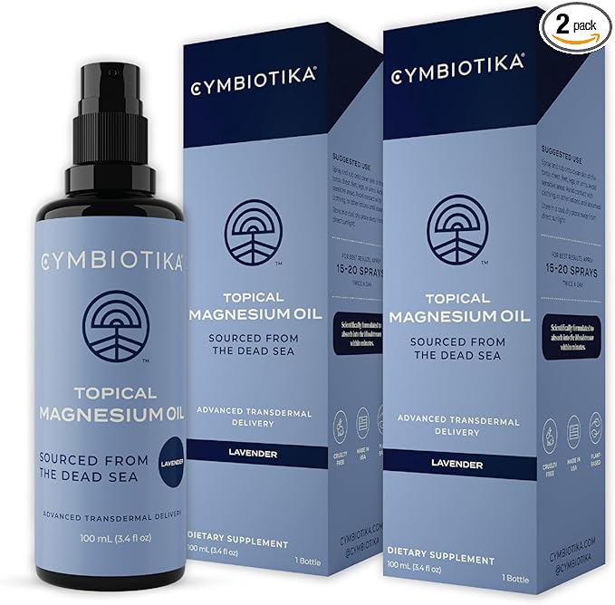 CYMBIOTIKA Topical Magnesium Oil Spray for Body, USA Made, Supplement for Leg Cramps, Muscle, Joint Health & Sleep Support, Includes Magnesium Chloride, Lavender Extract, Aloe Vera, 2pck (6.8 fl oz)