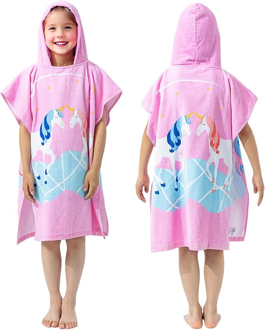 Gealaek 100% Cotton Hooded Towel for Toddlers 2-10 Years Girls 27.5"x23.6" Large Wearable Wrap Kids Bath Pool Beach Towel Soft Absorbent Beach Poncho(Pink Unicorn)