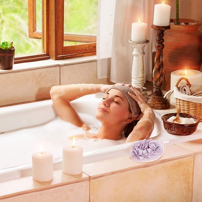 Boao 6 Pcs Bath Shower Pouf Sponge Mesh Pouf Shower Ball Exfoliating Body Sponge Pad Scrubber Glove with Flower Bath Ball (Beige,Green,Purple)