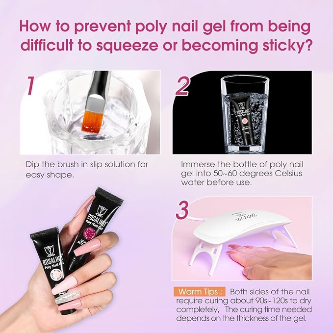 ROSALIND Poly Nail Gel Colors Kit -14 Colors +72 Nail Art Accessories kit Glitter Poly Nails Gel Kit Starter Kit with Mini UV Lamp Slip Solution Nude Pink Poly Nail Art for Beginners with Everything