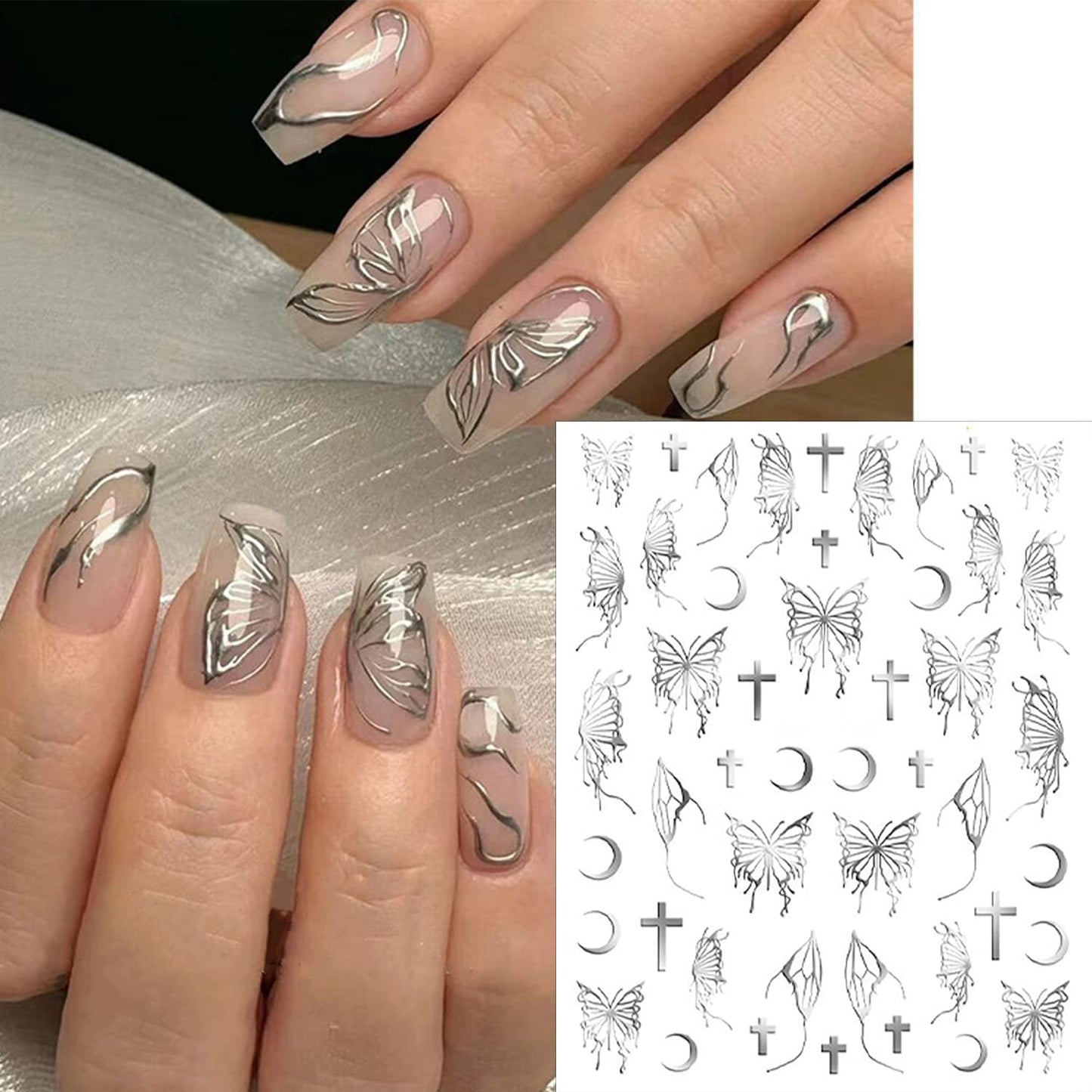 SILPECWEE 6 Sheets Butterfly Nail Stickers - 3D Nail Art Decals, Metallic Silver Aurora Retro Designs, Self-Adhesive Manicure Stickers