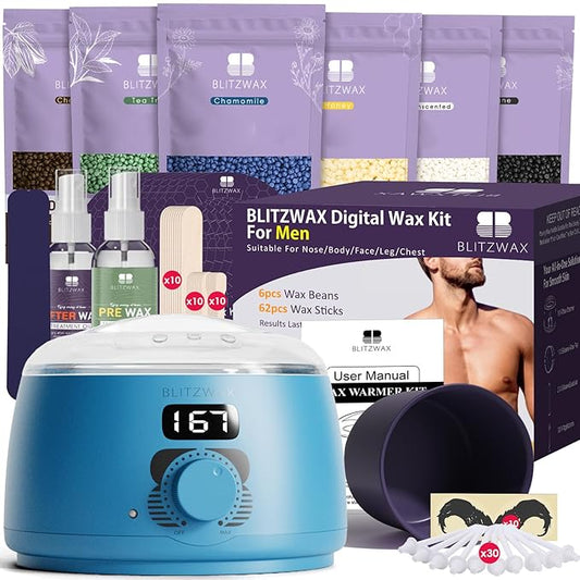 BLITZWAX Back and Nose Waxing Kit for Men, Hard Wax Warmer for Brazilian, Body and Face, At Home Hair Removal Kit, Beginner Friendly, Quick Heating, 93 Accessories, Royal Blue