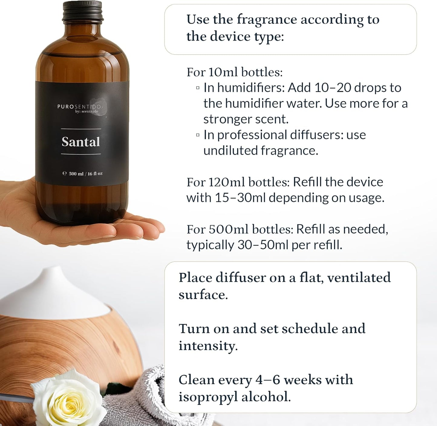 PuroSentido Santal Diffuser Oil – Luxury Hotel-Inspired Aroma with Sandalwood, Violet & Amber – Premium Fragrance Oil for Aromatherapy – Diffuser and Humidifier Compatible (500 ml/16 Fl Oz)