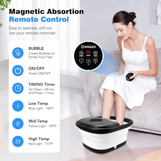 Collapsible Foot Spa Bath with Heat, Remote Control, Temperature Control, Bubbles, Pumice Stone, Red Light, Timer, 16 Massage Roller Pedicure Foot Spa Foot Soaker for Soothe & Relax Tired Feet