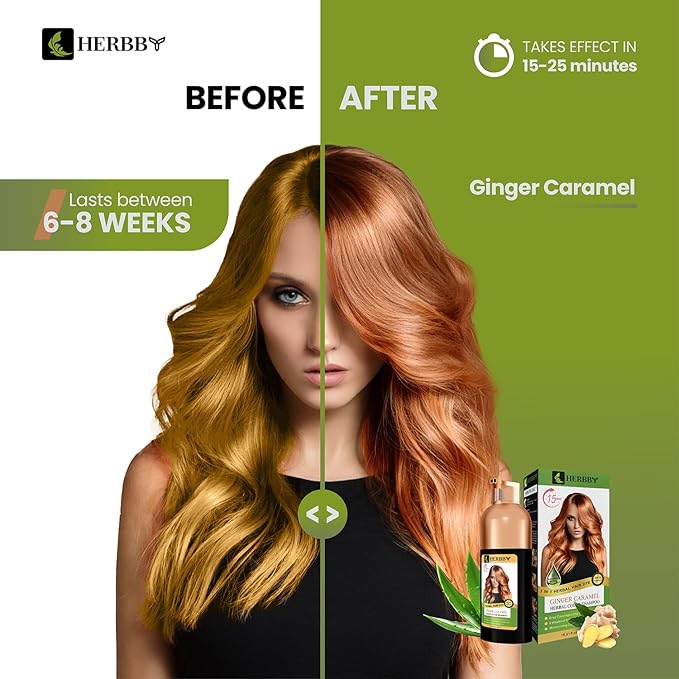 Hair Color Shampoo for Gray Hair Coverage&Color Transform with 9 Herbal Extracts –Long Lasting(6-8 Weeks),Shiny,Evenly Colored,Instant Hair Dye Shampoo&Conditioner,500 Ml (GINGER CARAMEL COLOR)