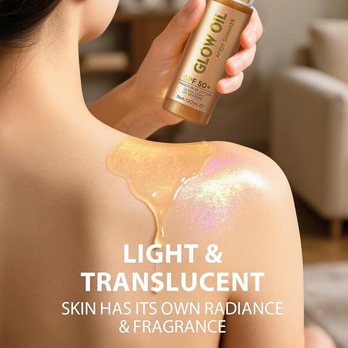 Body Glow Oil,Lightweight,Non-sticky, Broad Spectrum Body Oil with Gold Glitter Particles And Nourishing Coconut Oil, Good for Beach Holidays