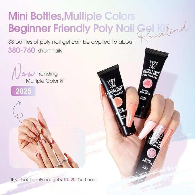 ROSALIND 38PCS Poly Nail Gel Kit with Mini Nail Lamp Neon Blue Poly Extension Gels Kit Hot Pink Nude Poly Nails Set