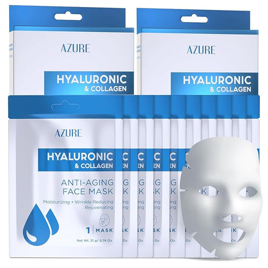 AZURE Hyaluronic Acid & Collagen Anti Aging Sheet Facial Mask - Rejuvenating & Moisturizing Face Mask - Helps Reduce Fine Lines & Wrinkles, Tightens & Smooths - Skin Care Made in Korea - 10 Pack