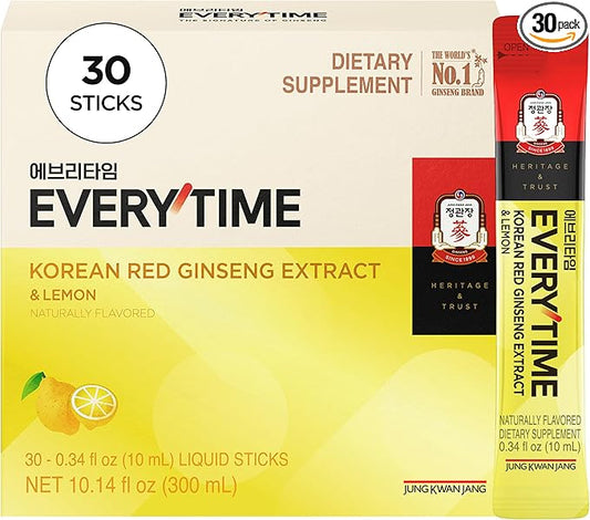 JUNG KWAN JANG Everytime Korean Red Ginseng Extract Stick 1,050mg & Lemon - Vegan Ginseng Root Energy Drink Liquid Stick Supplements - Builds Stamina & Immunity, No Caffeine Non-GMO (30 Sticks)