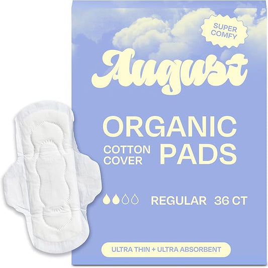 August Regular Cotton Menstrual Pads, 36-Pack Ultra Thin Pads with Wings, Hypoallergenic Sanitary Napkins with Organic Cotton Topsheet, Compostable Wrappers, Toxin Free, Fragrance Free