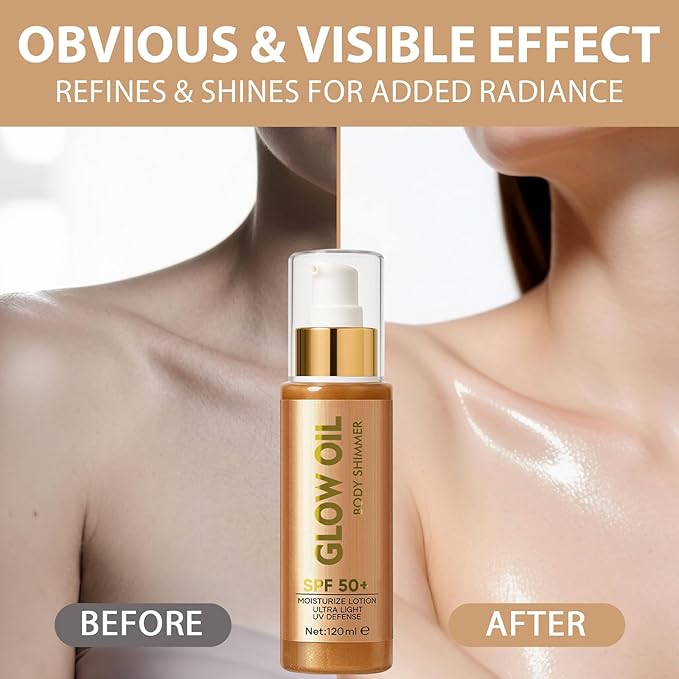 Body Glow Oil,Lightweight,Non-sticky, Broad Spectrum Body Oil with Gold Glitter Particles And Nourishing Coconut Oil, Good for Beach Holidays