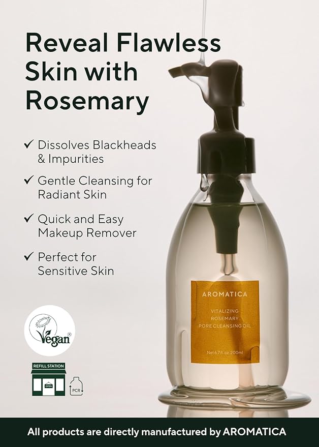 AROMATICA Vitalizing Rosemary Pore Cleansing Oil – Double Cleanser & Makeup Remover, Oil-Based for Gentle Sebum Control with Fermented Moringa & Essential Oils (6.7 fl oz./200ml)