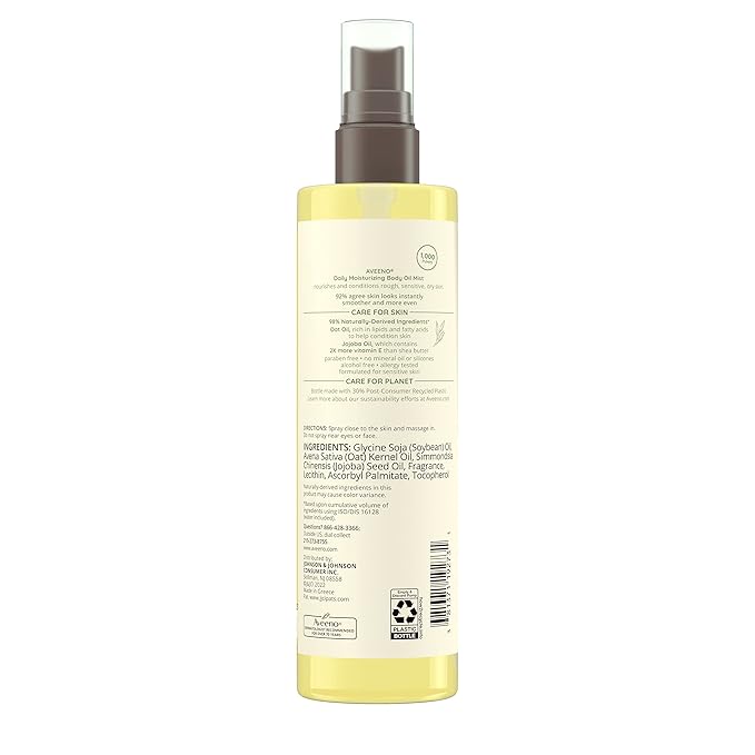 Aveeno Daily Moisturizing Body Oil Mist with Oat & Jojoba Oil for Dry Sensitive Skin, Nourishing Body Spray for Smoother Skin, Paraben-, Silicone- & Alcohol-Free, Twin Pack, 6.7 fl. oz, 2 Pack
