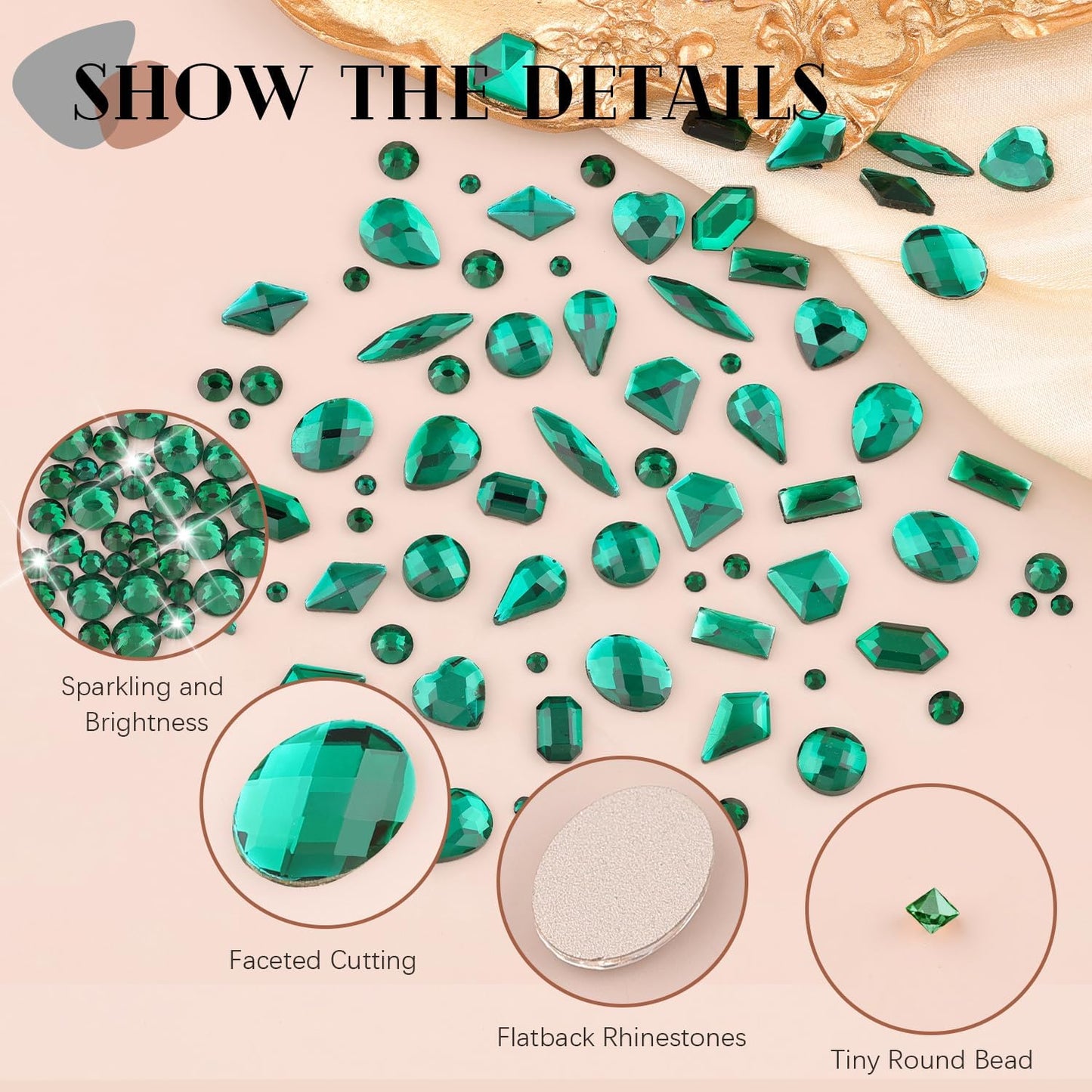 2060Pcs Emerald Green Glass Nail Rhinestones 60Pcs Multi Shapes Flatback Nail Gems + 2000Pcs 1.5-4mm Round Crystal, Manicure Nail Charms Diamond Gemstones for Acrylic Nails Decoration
