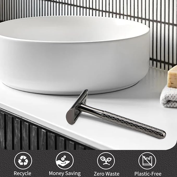 Shiny Gun Black Double Edge Safety Razor, Single Blade Razors for Men and Women, with 10 Stainless Steel Safety Razor Blades, Reusable, Smooth and Close Wet Shaving Kit, Plastic Free