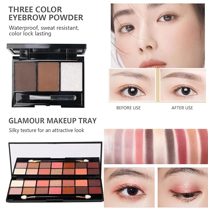 All in One Makeup Kit for Makeup storage bag 2X14 Colors Eyeshadow Palette Liquid Foundation Eyeliner Pencils Contouring Stick Lip Gloss Eyebrow Pencils 20Pcs Makeup Brushes etc For Women Girls Teens (Pink)