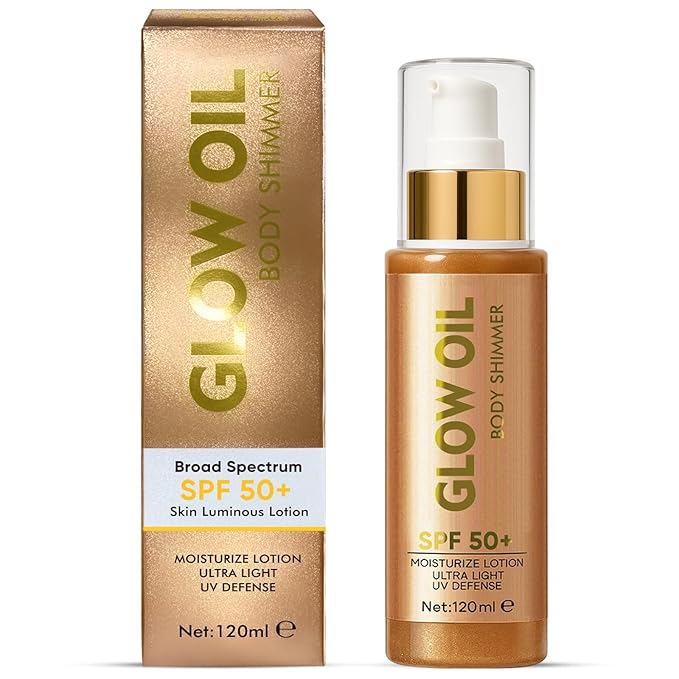Body Glow Oil,Lightweight,Non-sticky, Broad Spectrum Body Oil with Gold Glitter Particles And Nourishing Coconut Oil, Good for Beach Holidays