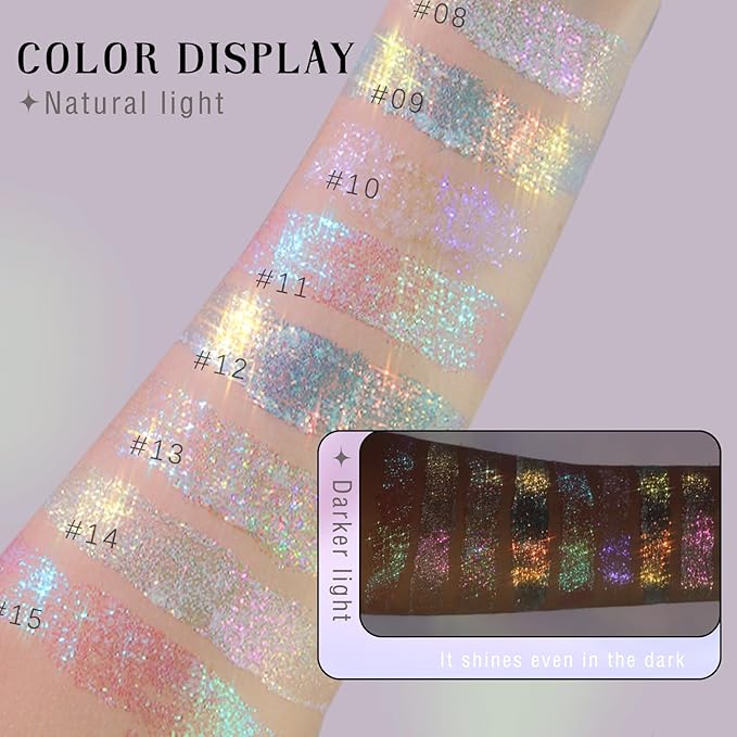 2 Colors Roll-on Body Glitter Gel, Holographic Glitter Gel Under Light for Face Hair, Body Shimmer for Rave Accessories Christmas New Year Halloween Makeup (9+10)