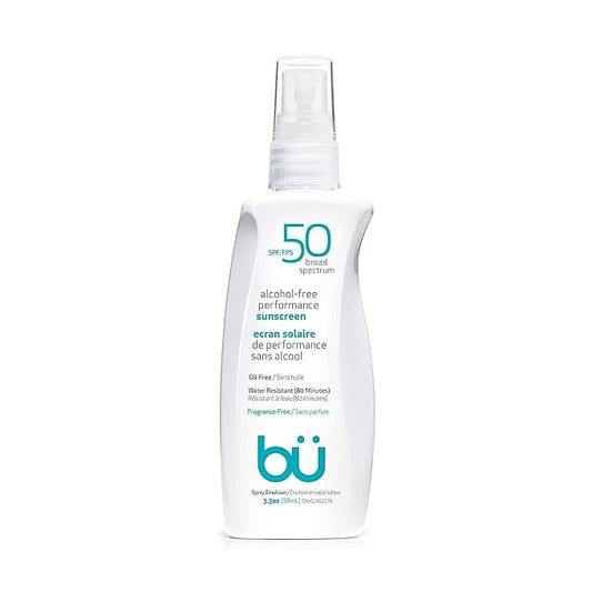BU SPF 50 Sunscreen Spray for Face and Body, Fragrance Free, Clear, Non Greasy, Water Resistant, for Sensitive Skin, 3.3 oz