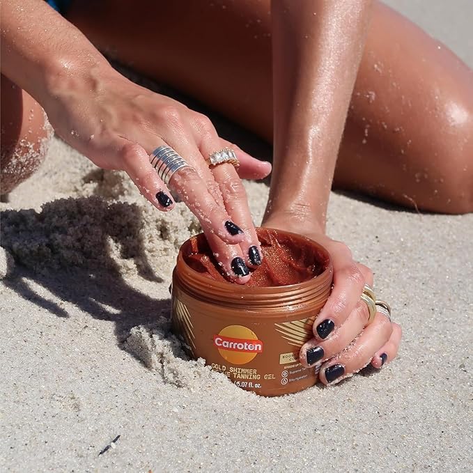Carroten Gold Shimmer Intensive Tanning Gel | Browning Tan Accelerator | Non-Greasy, Water-Resistant with Carrot and Coconut Oil | Vitamin A & E For Moisture & Hydration | 5 Fl Oz + Spatula