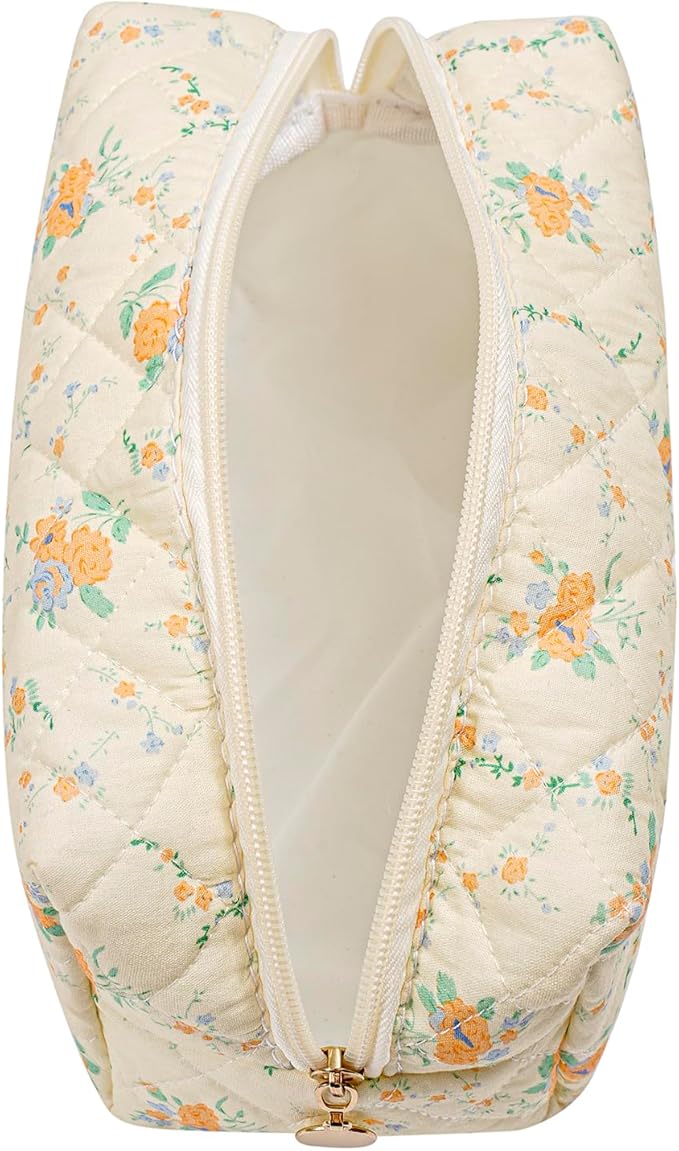 Makeup Bag Travel Cosmetic Bag for Women Girls, Zipper Make Up Pouch, Floral Flowers Toiletry Organizer Makeup, Portable Storage Bag, Cosmetic Travel Cloth Bag (Yellow Orange Flower)