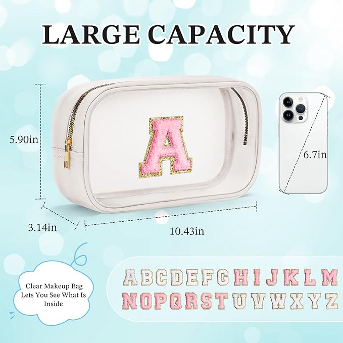 YOOLIFE Initial Makeup Bag Travel Toiletry Bag Clear Makeup Bag Preppy Cosmetic Bag Gifts for Girls Kids Graduation Gifts Birthday Gifts for Girls Kids Birthday Gifts Swim Gifts White L