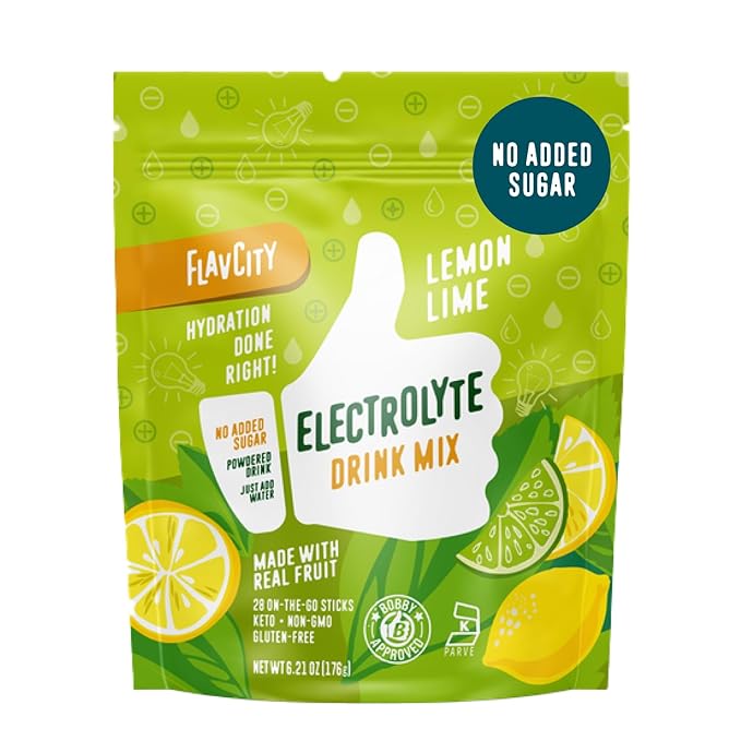 FlavCity Lemon Lime Electrolytes Powder Packets - 28 Hydration Packets - No Added Sugar - Hydration Powder with Real Fruit & Unrefined Sea Salt - Keto & Gluten-Free (28 Stick Packs)