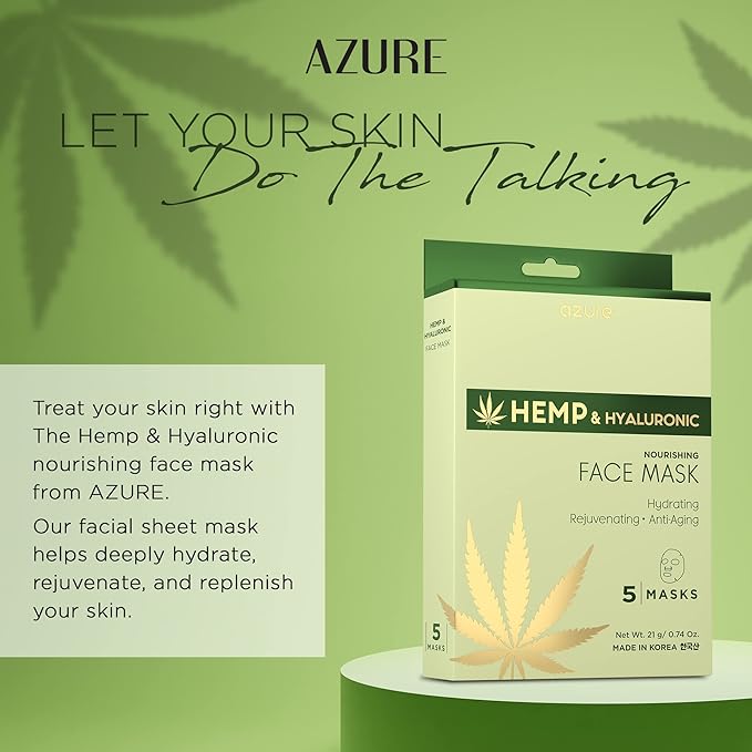 Azure Cosmetics Hemp Oil & Hyaluronic Acid Nourishing Facial Sheet - Anti Aging, Rejuvenating & Deeply Hydrating Mask - Reduces Fine Lines & Wrinkles, Locks in Moisture - Korean Skin Care - Pack of 5