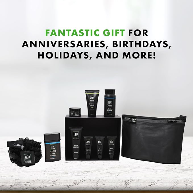 Tiege Hanley Mens Skin Care Gift Box Set, Gold - Men's Skincare Set with Face Wash, AM & PM Moisturizer, Scrub, Clay Mask, Body Wash, Deodorant, Anti Chafe Powder, Scrubber & Dopp Kit