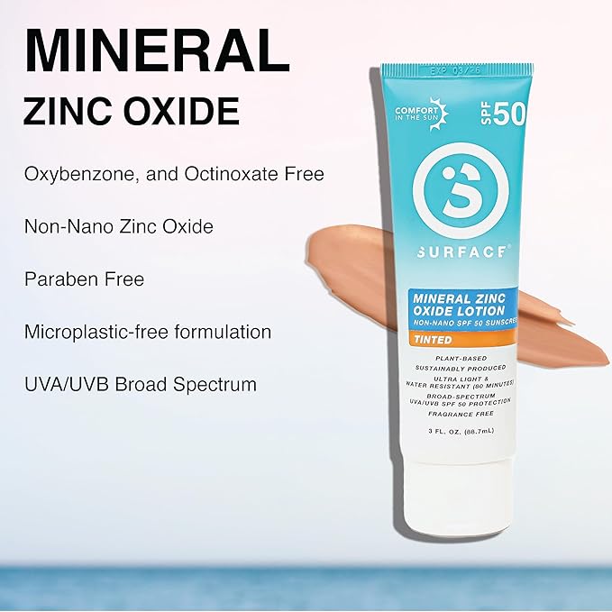 Surface Mineral Sunscreen Lotion SPF 50, Lightweight Non-Nano Zinc Oxide Formula, Reef Friendly, Broad Spectrum UVA UVB Protection, Water Resistant Sun Care for 80 Minutes Outdoor Use, Tinted, 3oz