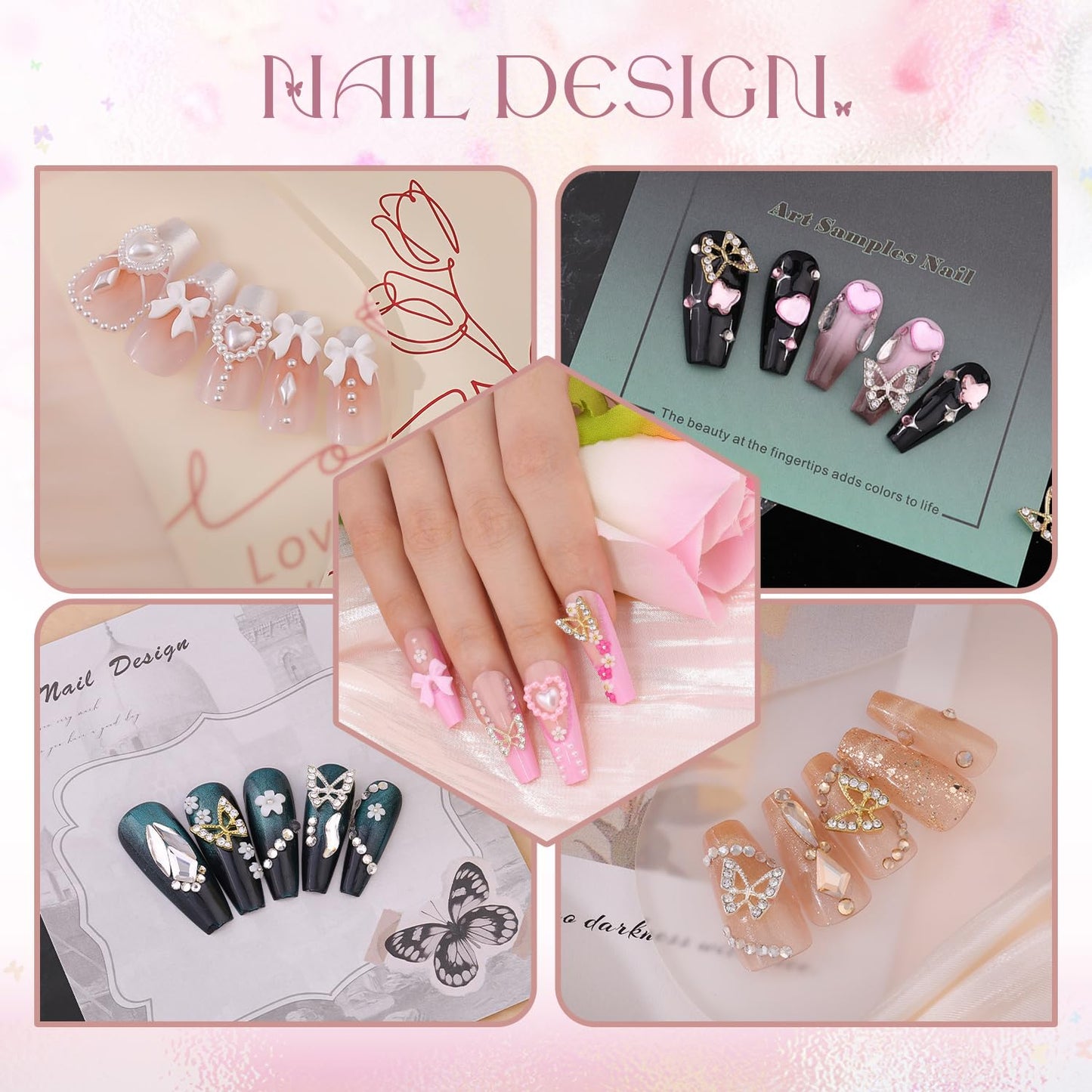 3D Nail Charms and Gems Set 10 with Rhinestone Glue, 20PCS Chunky Butterfly Charms + 60PCS Nail Bows in 2 Styles + 3D Flowers with Crystals, Pearls, Diamonds, and Picker Tools for Y2K Nail Decor