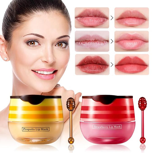 2 PCS Bee Honey Lip Balm Honey Pot, Strawberry & Bee Honey Lip Mask, Reduces Lip Lines, Hydrate & Moisturizing Lip Skin Care, Prevention Dry Cracked Lips, Bee Honey Lip Balm for Lip Repair Treatment